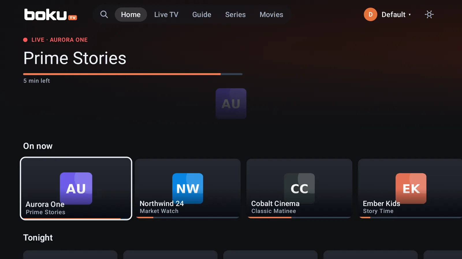 bokutv Home screen showing what is on now
