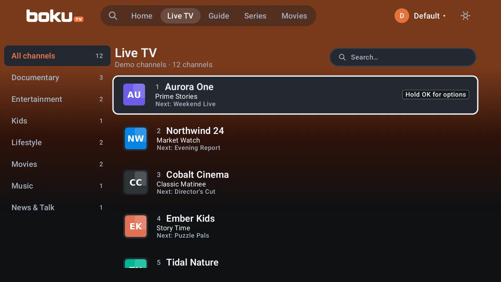 bokutv Live TV channel list grouped by category