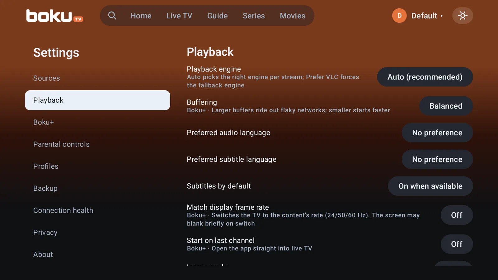 bokutv playback settings
